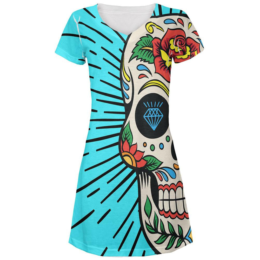 Sugar Skull All Over Juniors V-Neck Dress Juniors Dresses Old Glory LG Multi 