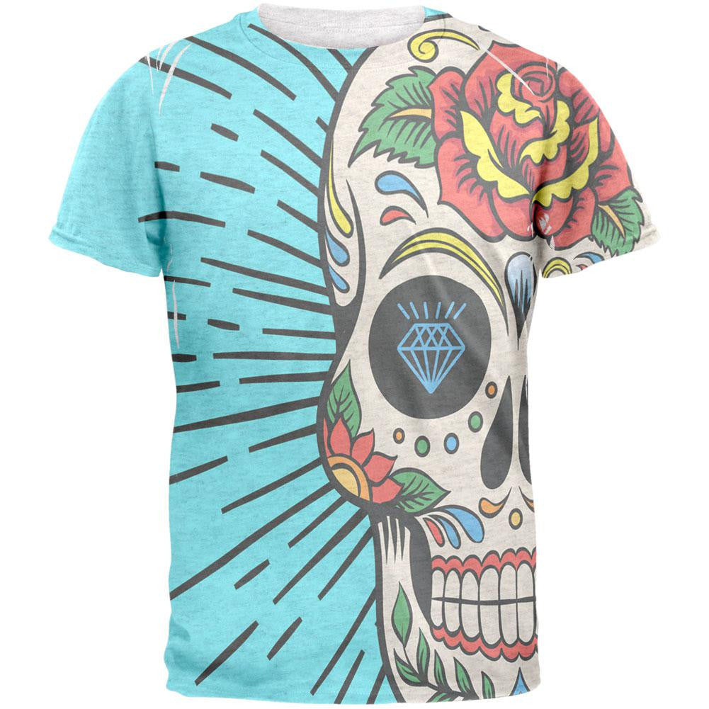 Sugar Skull All Over Heather White Adult T-Shirt Men's T-Shirts Old Glory 2XL Multi 