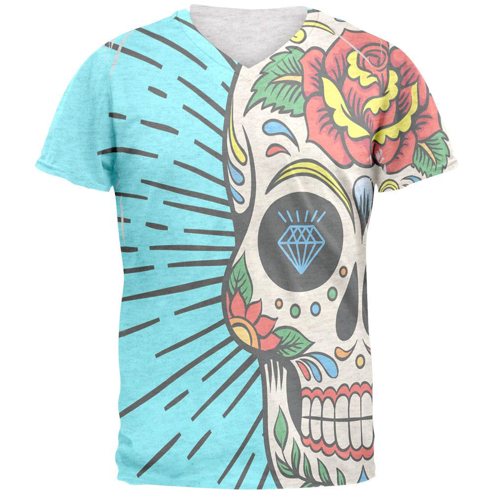 Sugar Skull Heather White Adult Soft V-Neck T-Shirt Men's T-Shirts Old Glory 2XL White 