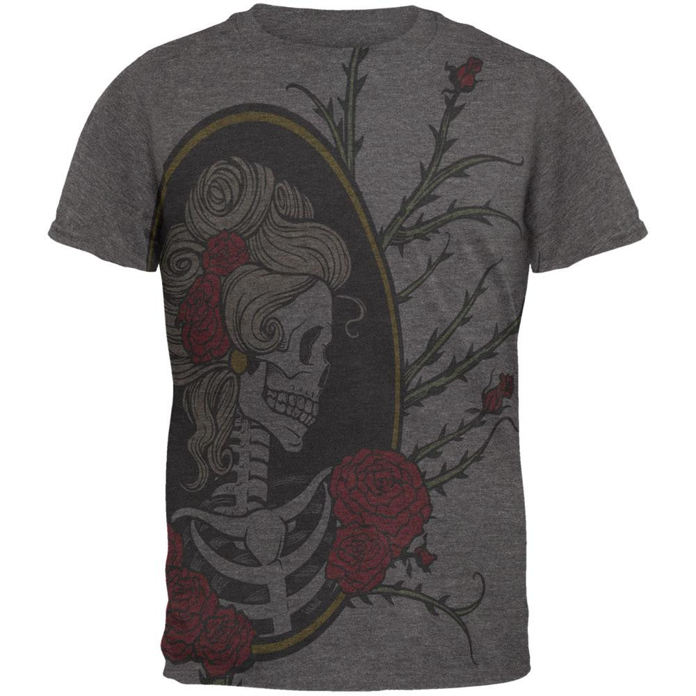 Lovely Rose Skeleton All Over Charcoal Heather Adult Soft T-Shirt Men's T-Shirts Old Glory 2XL Grey 