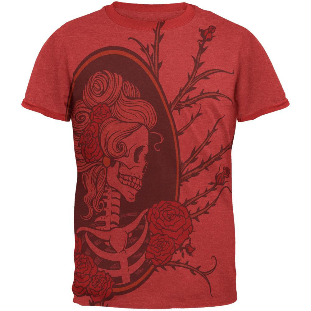 Lovely Rose Skeleton All Over Heather Red-Red Men's Ringer T-Shirt Men's T-Shirts Old Glory 2XL Red 