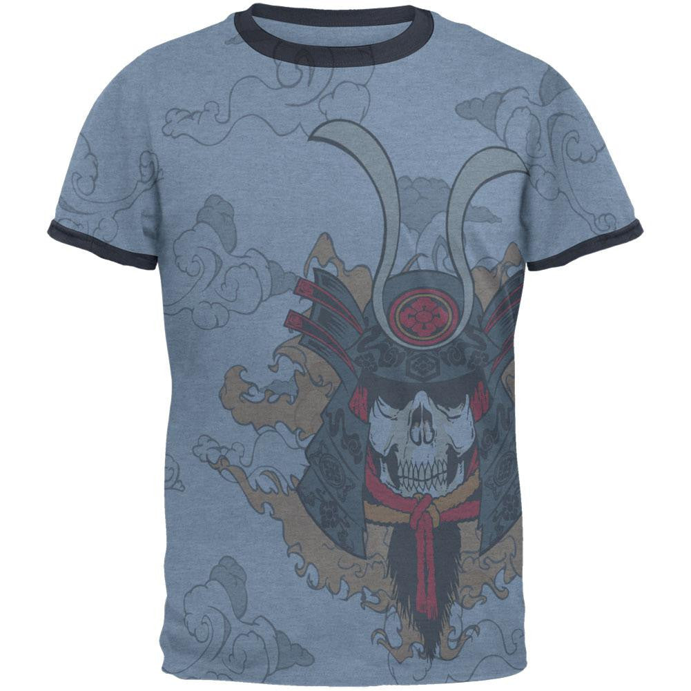 Samurai Skull All Over Heather Blue-Navy Men's Ringer T-Shirt Men's T-Shirts Old Glory 2XL Blue 