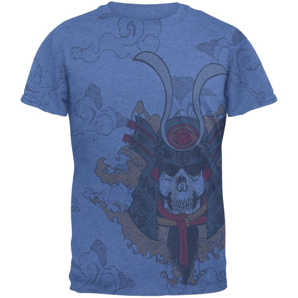 Samurai Skull All Over Heather Blue Adult T-Shirt Men's T-Shirts Old Glory 2XL Blue 