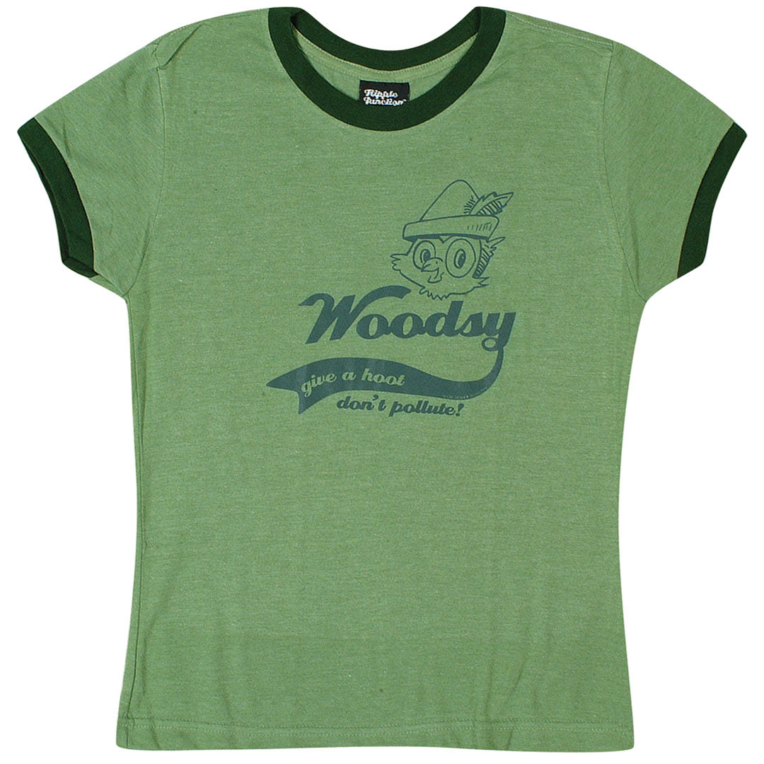 Woodsy Owl - Give a Hoot Juniors Ringer Green T-Shirt Women's T-Shirts Woodsey The Owl   