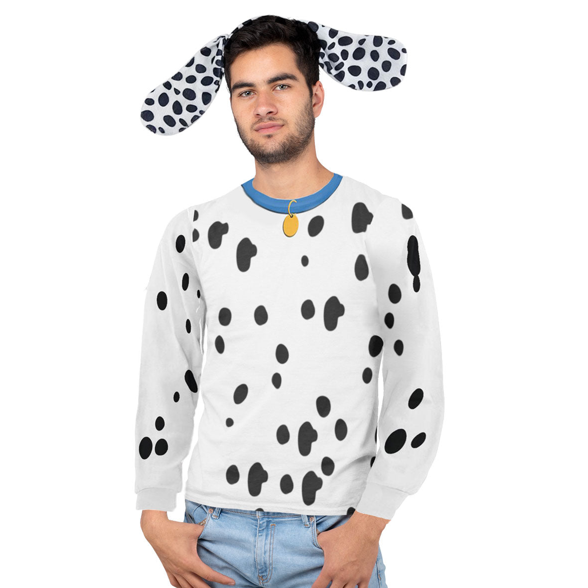 Halloween Costume Dalmatian with Blue Collar Mens Long Sleeve Sublimation T Shirt with Dog Ears Headband Shirts Old Glory   