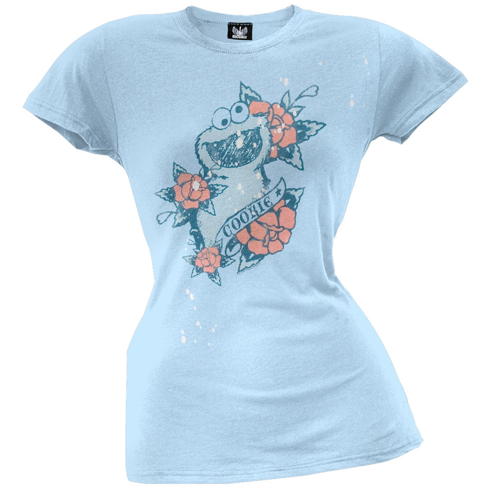 Sesame Street - Flowers Juniors Light Blue T-Shirt Juniors T-Shirts Sesame Street LG Light Blue 