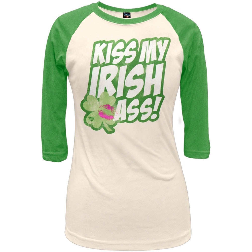 Kiss My Irish Ass Juniors Raglan Juniors Raglans Old Glory LG White 