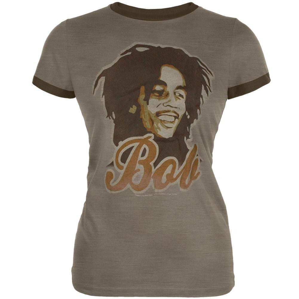 Bob Marley - Bob Ringer Juniors Babydoll T-Shirt Juniors T-Shirts Bob Marley SM Brown 