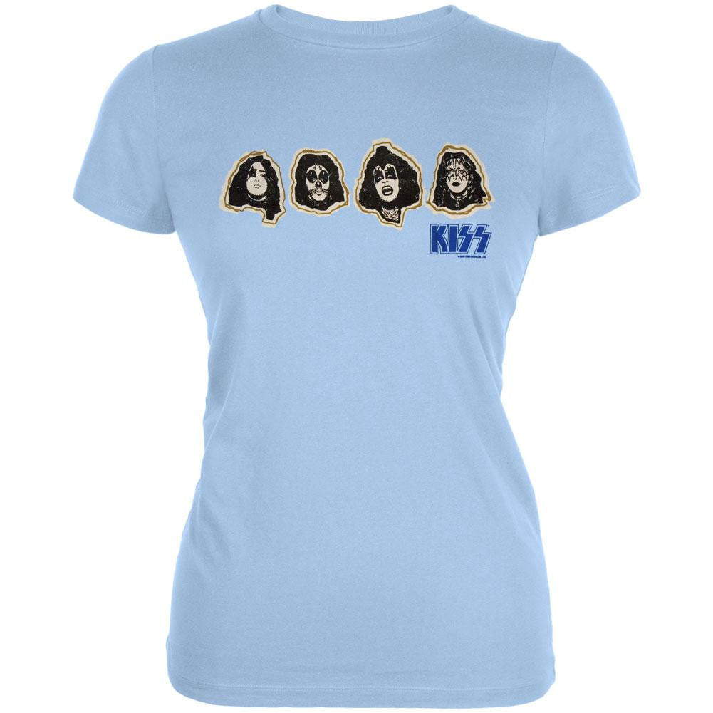 Kiss - Outline Faces Sheer Juniors T-Shirt Juniors T-Shirts Kiss MD Blue