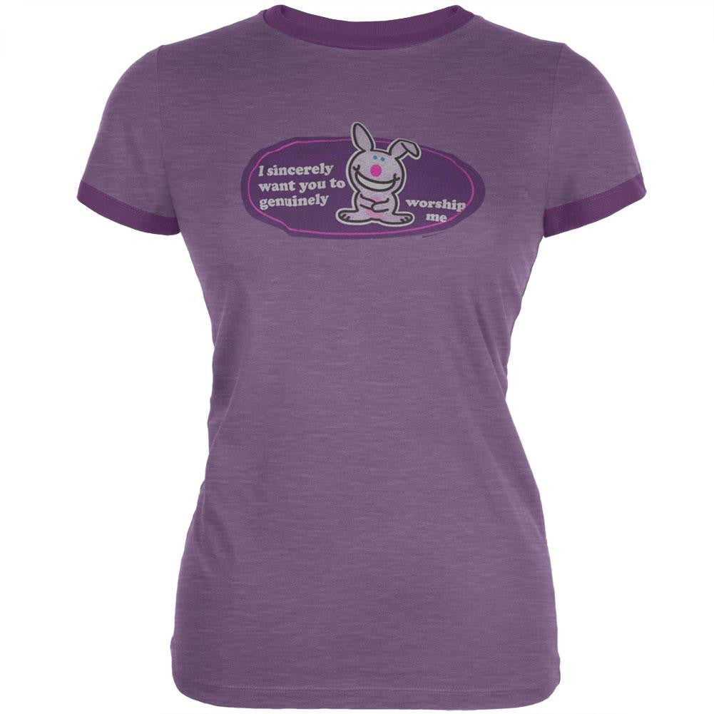 Happy Bunny - Worship Me Purple Juniors Ringer T-Shirt Juniors T-Shirts Happy Bunny   