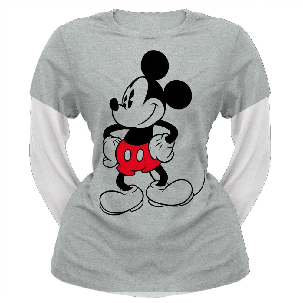 Mickey Mouse - Standing Juniors 2Fer Long Sleeve T-Shirt Juniors Long Sleeves Mickey Mouse LG Grey