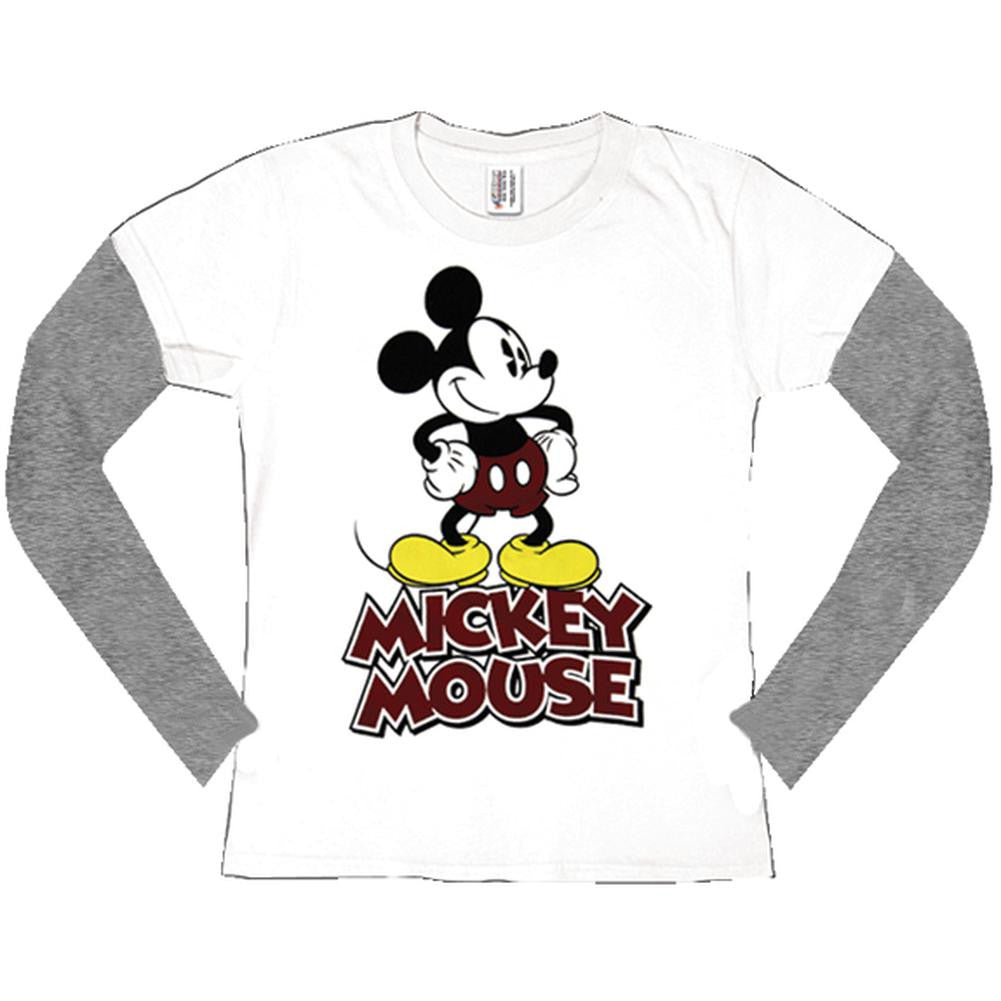 Mickey Mouse - Standing W/ Logo Juniors 2Fer Long Sleeve T-Shirt Juniors Long Sleeves Mickey Mouse LG White