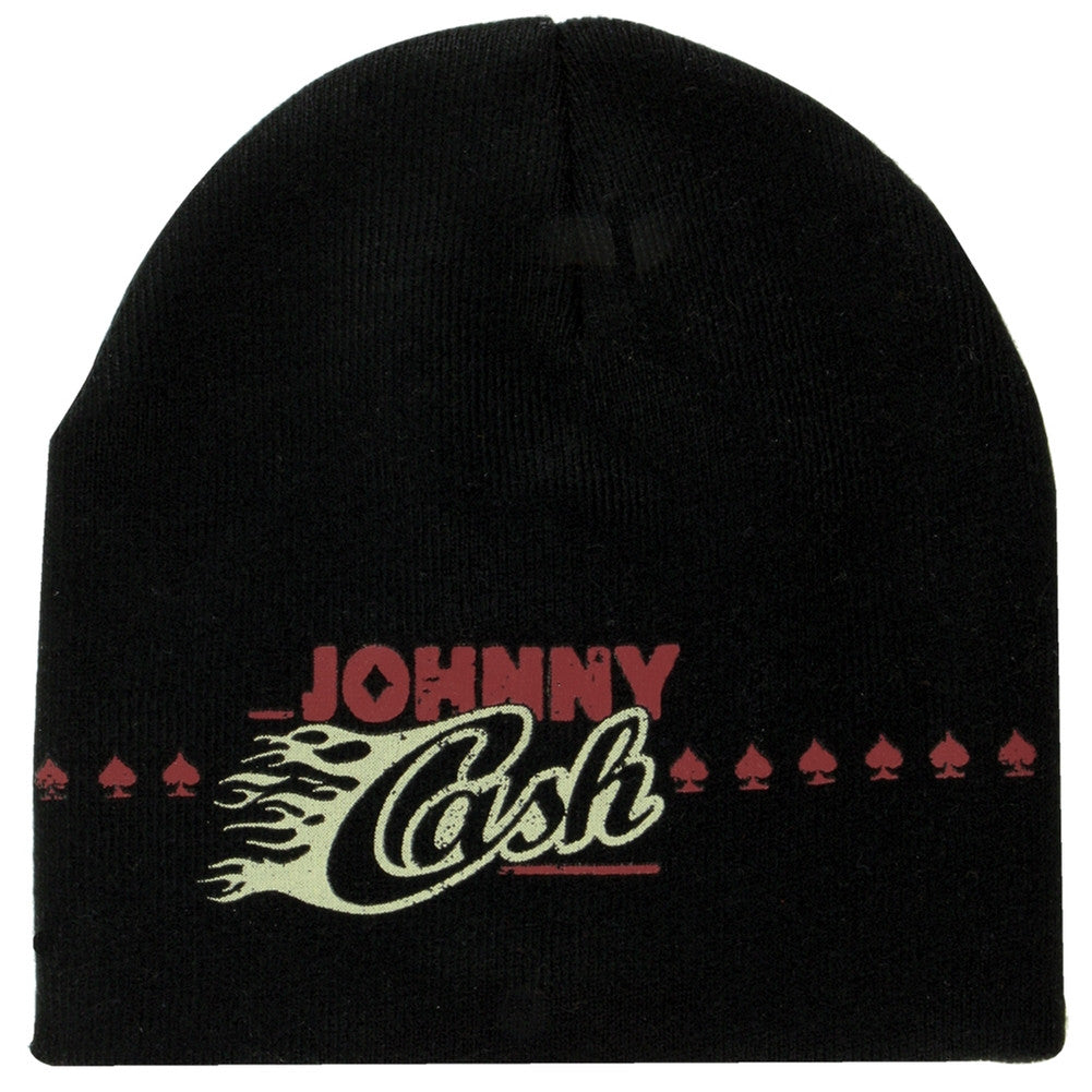 Johnny Cash - Flaming Logo Spades Black Knit Hat Beanie Knit Hats Old Glory