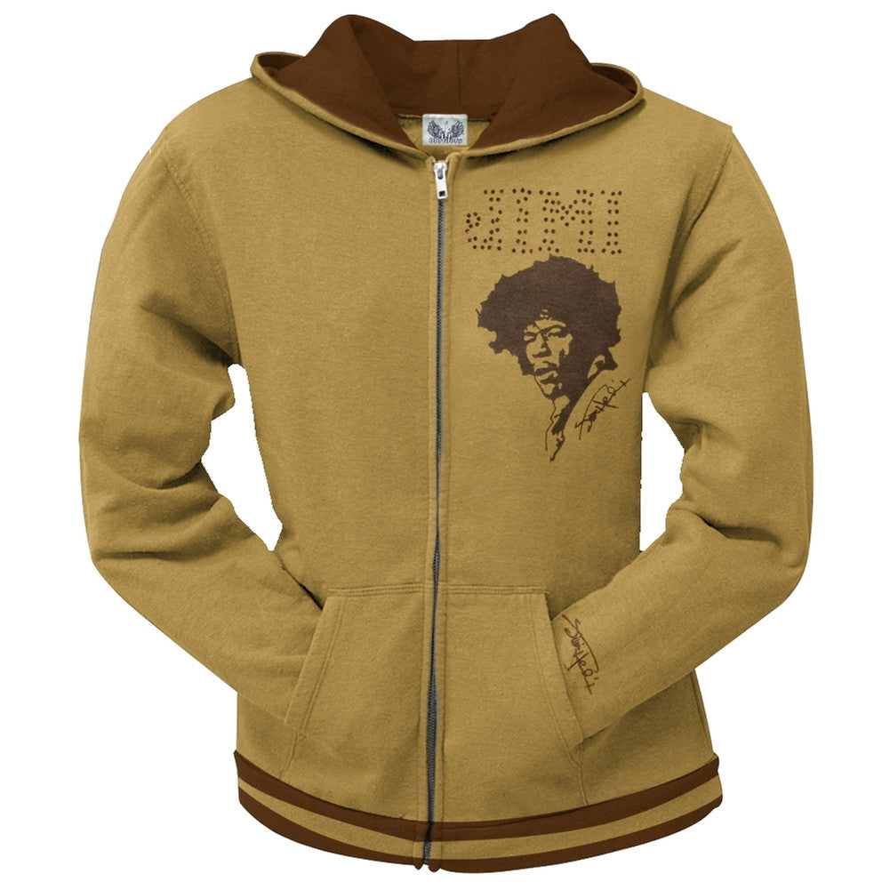 Jimi Hendrix - Flocked Face Juniors Zip Hoodie Juniors Hoodies Jimi Hendrix SM Tan