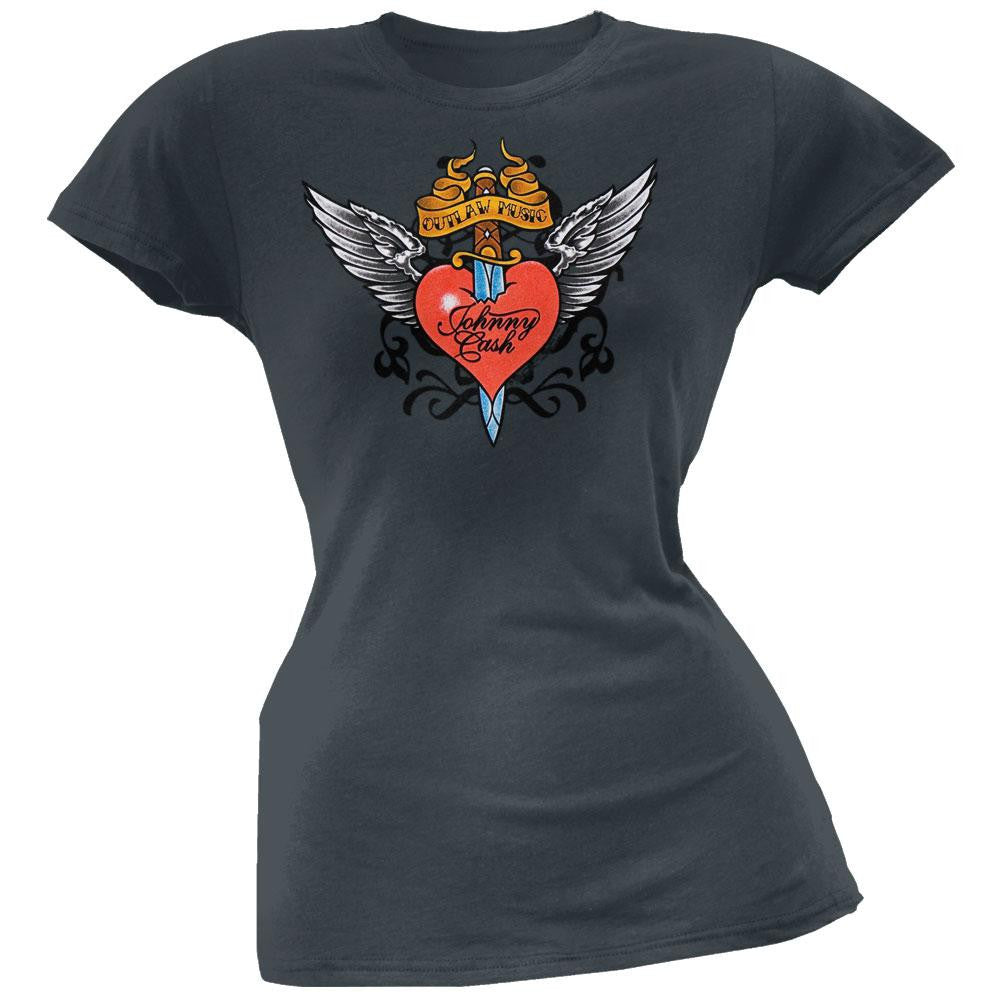 Johnny Cash - Heart Juniors T-Shirt Juniors T-Shirts Johnny Cash MD Grey 