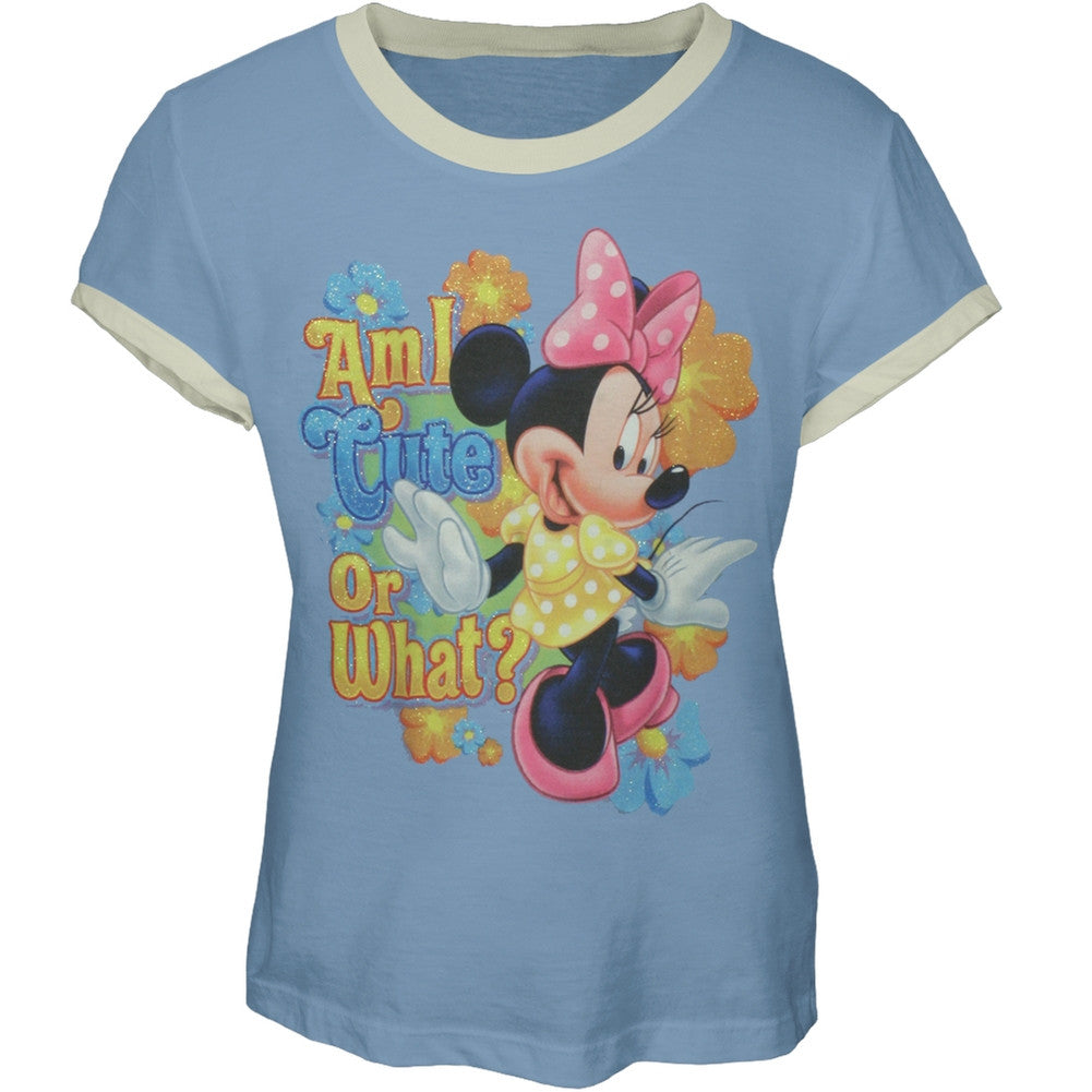 Minnie Mouse - Am I Cute Girl's Ringer T-Shirt Youth T-Shirts Disney Characters MD Light Blue