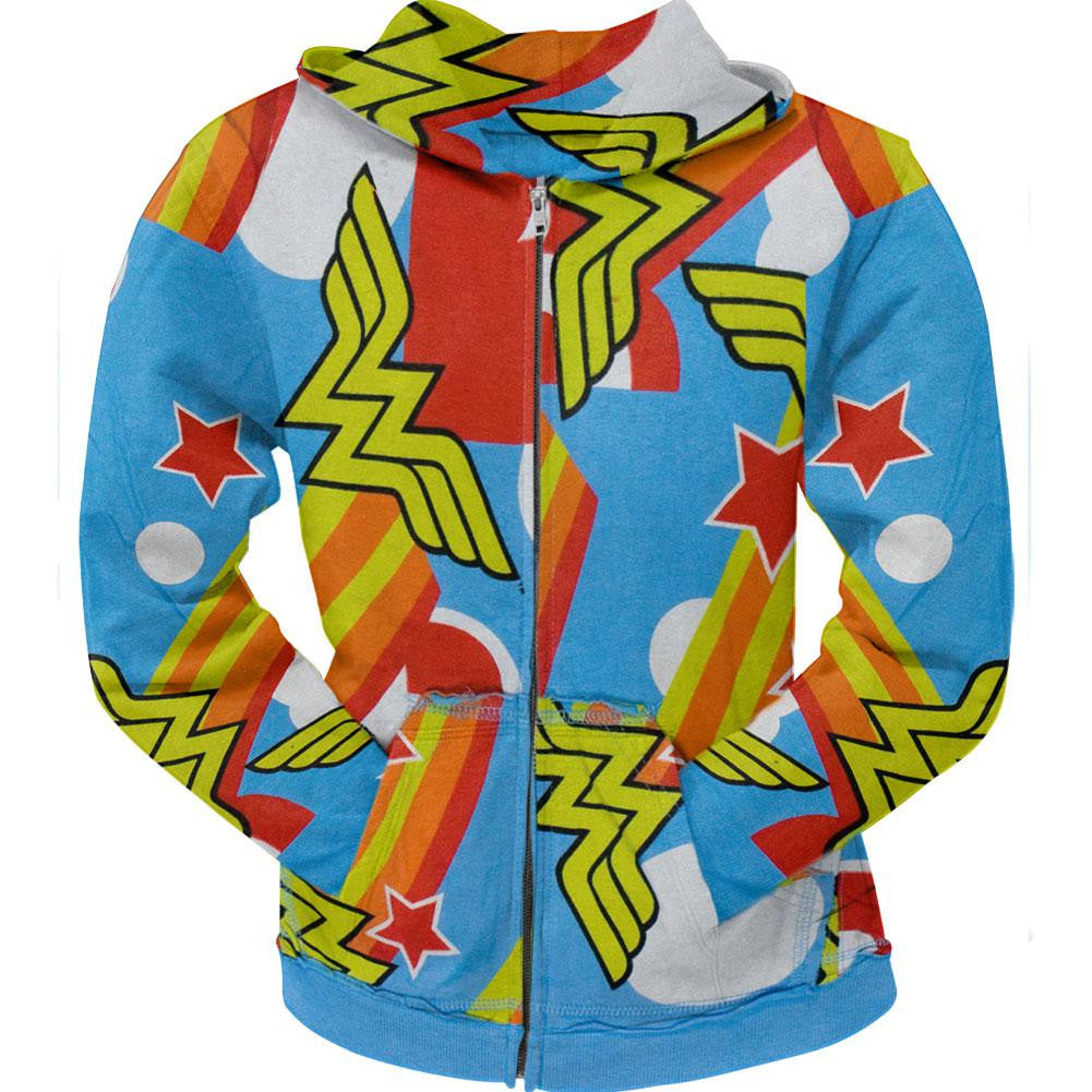 Wonder Woman - All-Over Logo Juniors Zip Hoodie Juniors Hoodies Wonder Woman SM Blue 