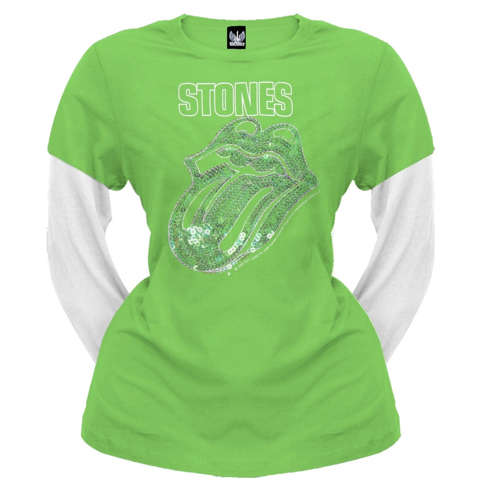 Rolling Stones - Sequined Tongue Juniors 2Fer Long Sleeve T-Shirt Juniors Long Sleeves Rolling Stones SM Green 