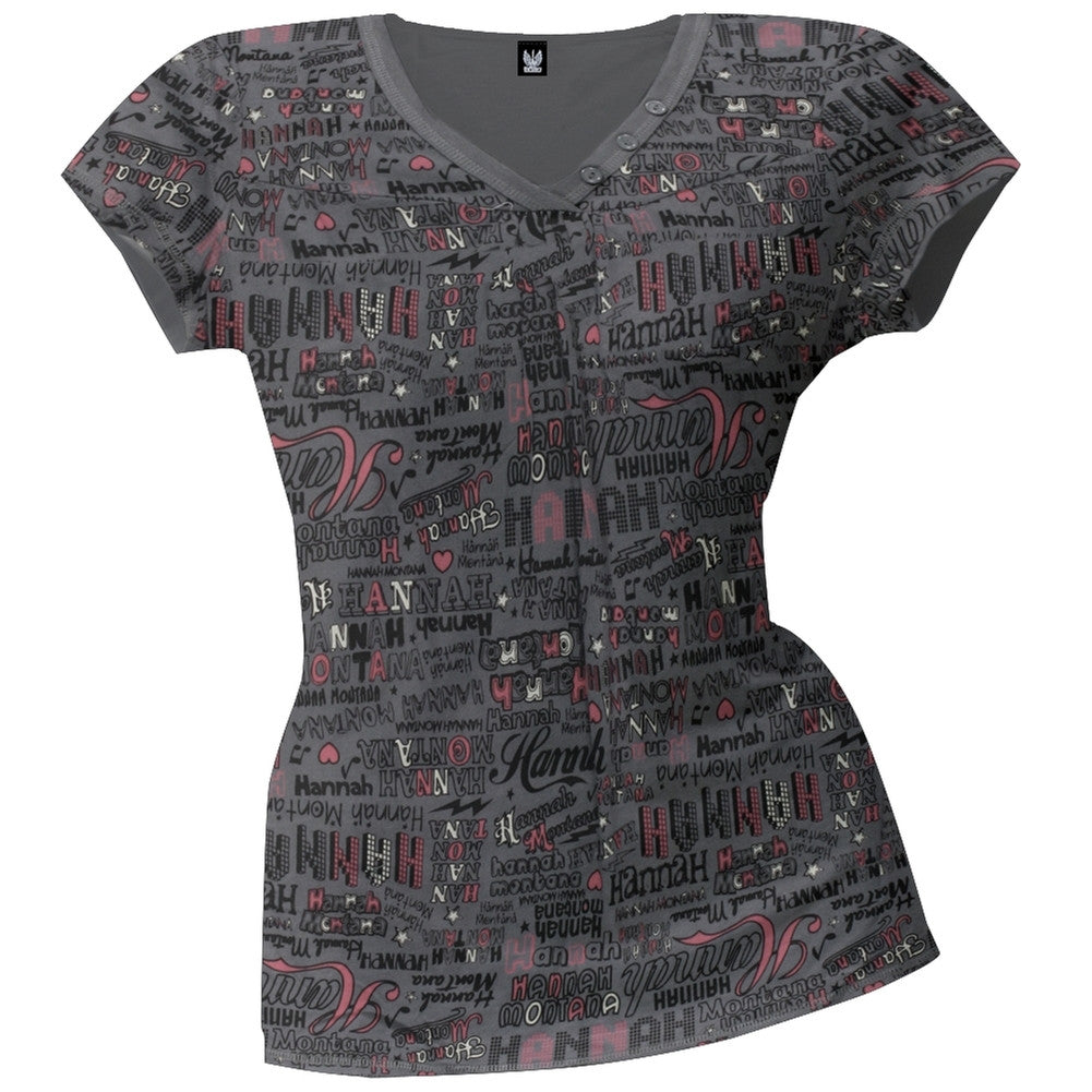 Hannah Montana - Hannah Fonts Junior V-Neck Juniors T-Shirts Hannah Montana SM Grey