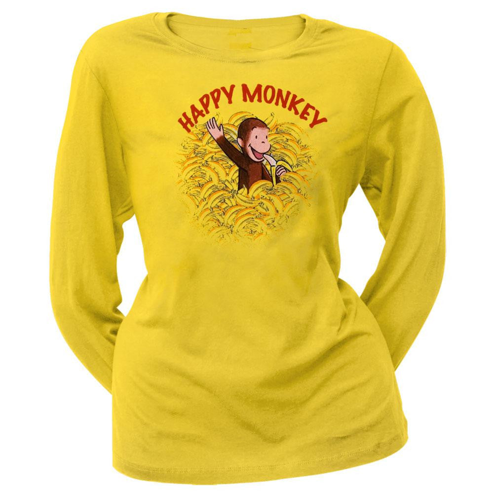 Curious George - Happy Monkey Juniors Long Sleeve T-Shirt Juniors Long Sleeves Curious George SM Yellow 