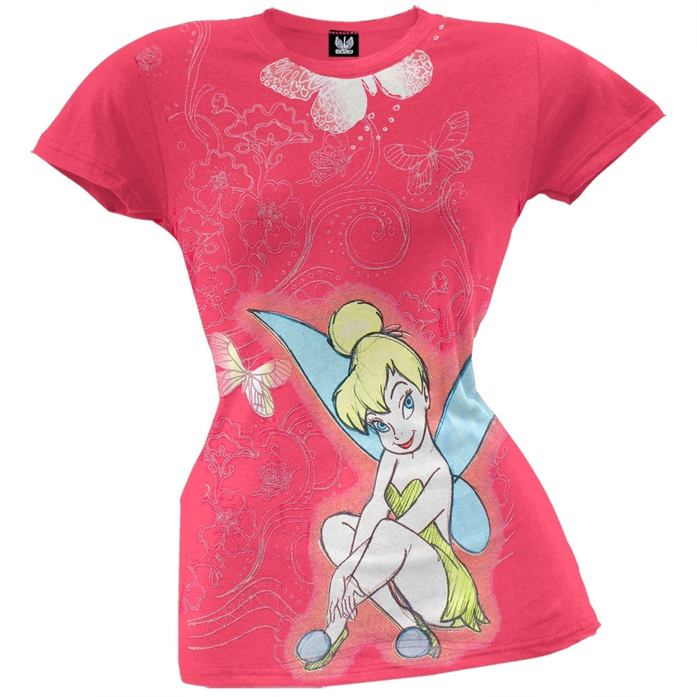 Tinkerbell - Glitter Flowers Juniors T-Shirt Juniors T-Shirts Tinkerbell SM Pink 