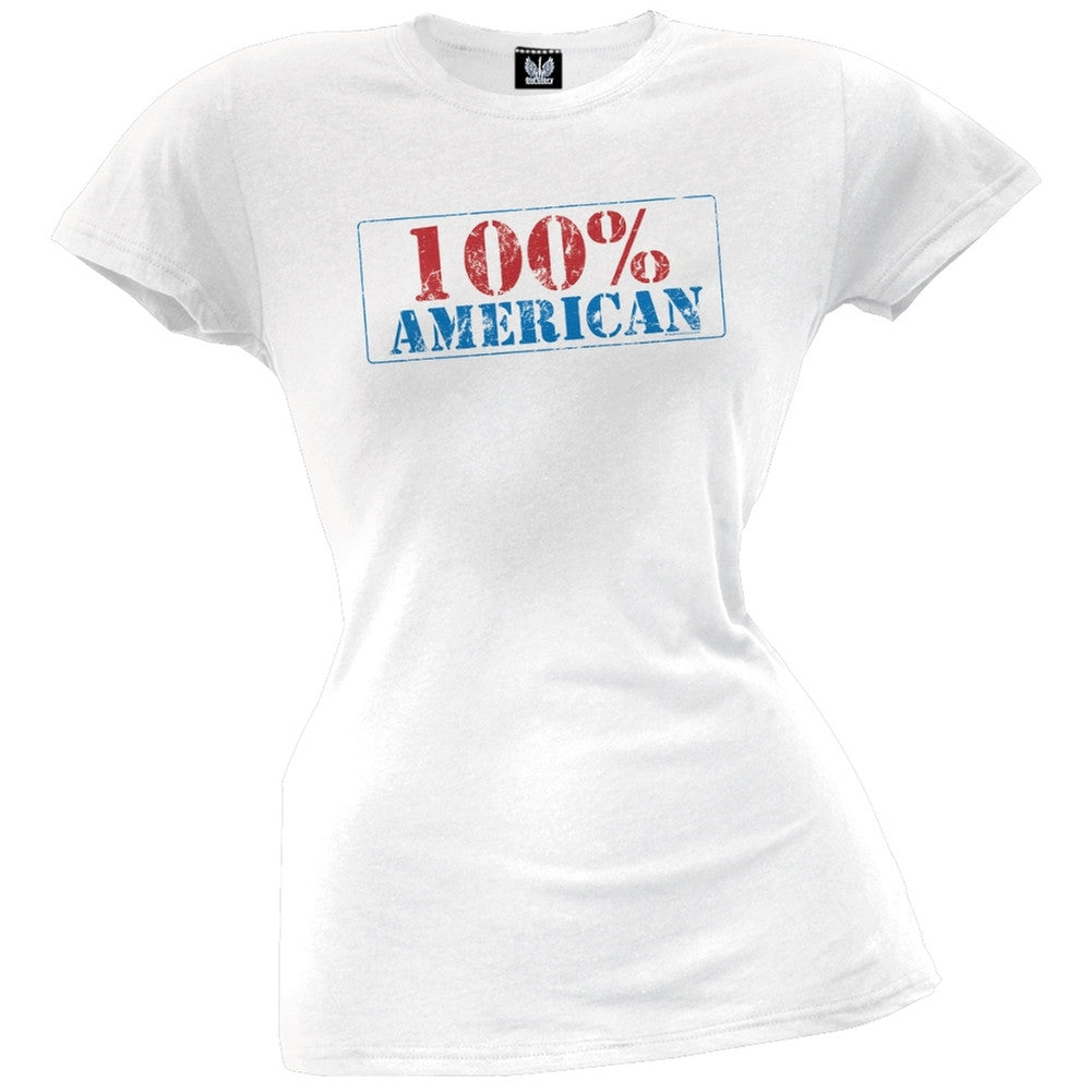 4th of July 100% American Juniors T-Shirt Juniors T-Shirts Old Glory LG White 