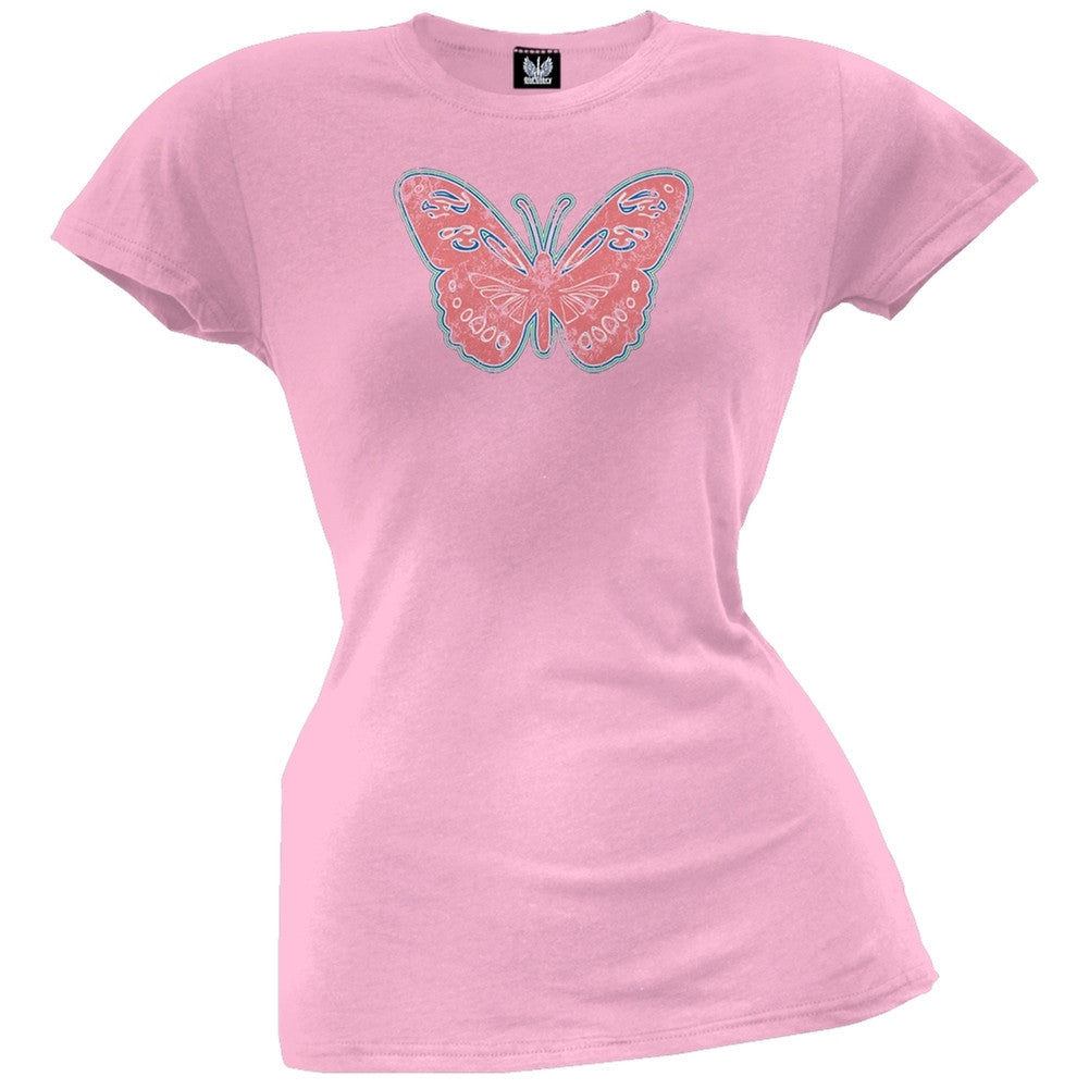 Distressed Butterfly Juniors T-Shirt Juniors T-Shirts Old Glory LG Pink 