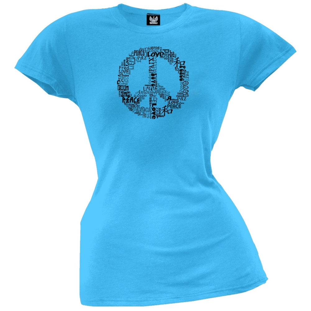 Love and Peace Sign Turquoise Juniors T-Shirt Juniors T-Shirts Old Glory LG Blue 
