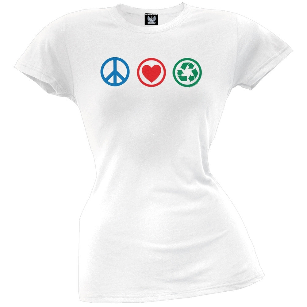 Peace Love Recycle Juniors T-Shirt Juniors T-Shirts Old Glory LG White 