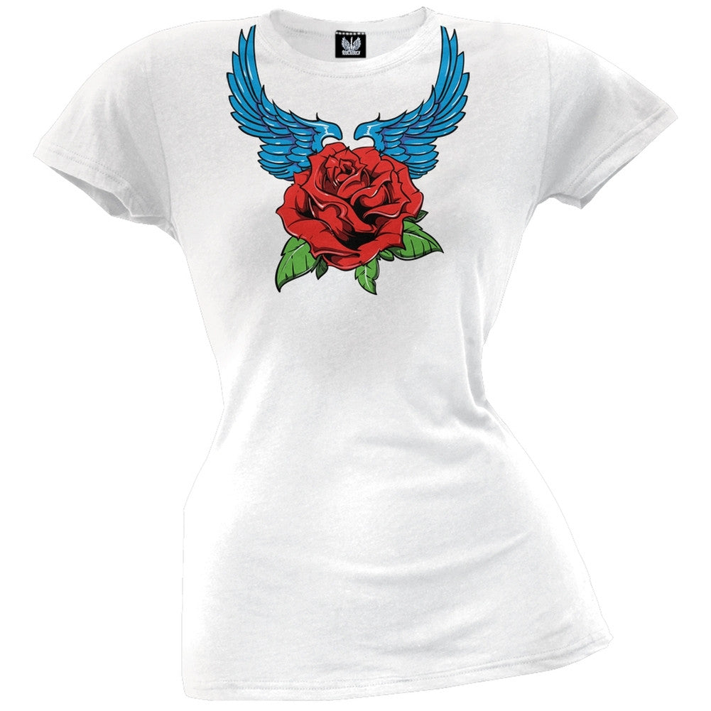 Winged Rose Juniors T-Shirt Juniors T-Shirts Old Glory LG White 