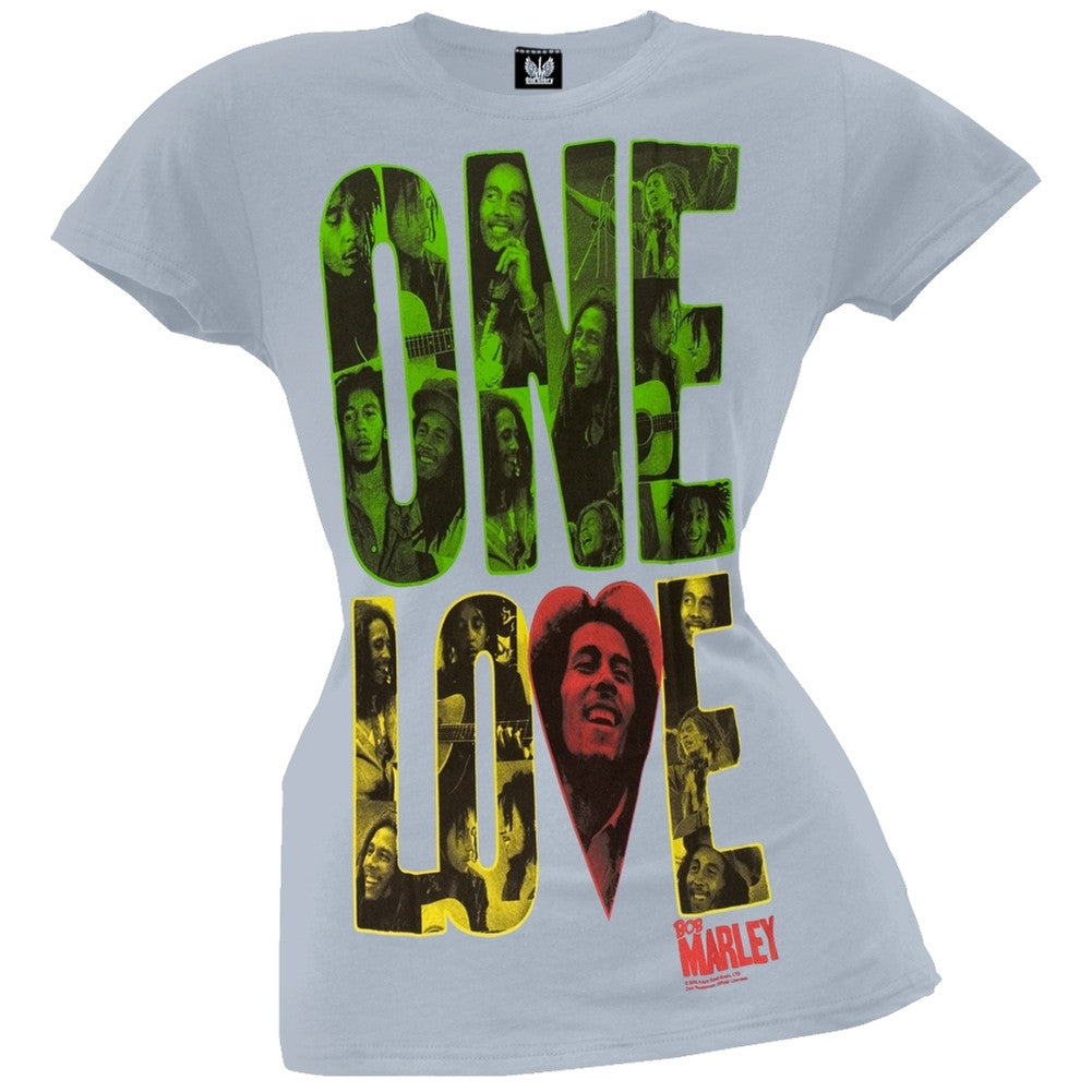 Bob Marley - One Love Block Light Blue Juniors T-Shirt Juniors T-Shirts Bob Marley SM Light Blue 