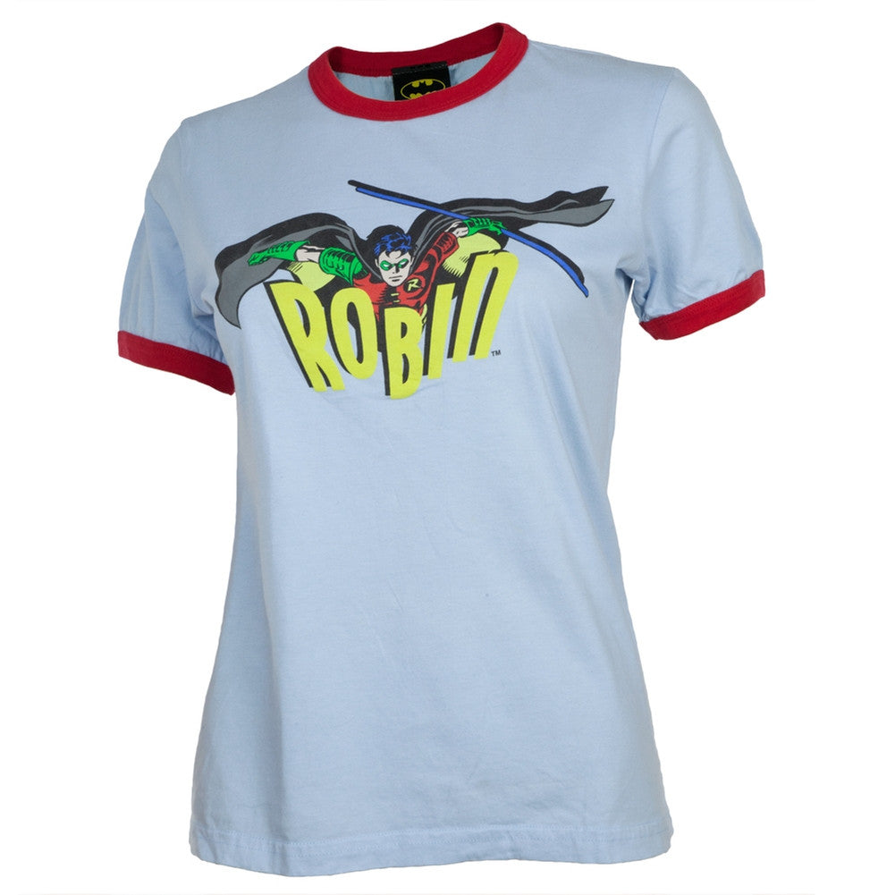 Batman - Robin Logo Juniors Ringer T-Shirt Juniors T-Shirts Batman SM Light Blue 