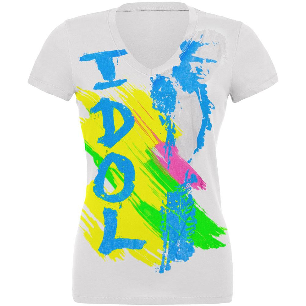 Billy Idol - Blue Highway Juniors V-Neck T-Shirt Juniors T-Shirts Billy Idol LG White 