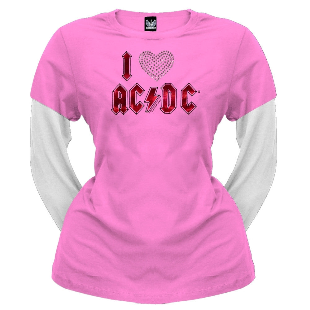 ACDC - I Heart ACDC Juniors 2Fer Long Sleeve T-Shirt Juniors Long Sleeves AC/DC SM Pink