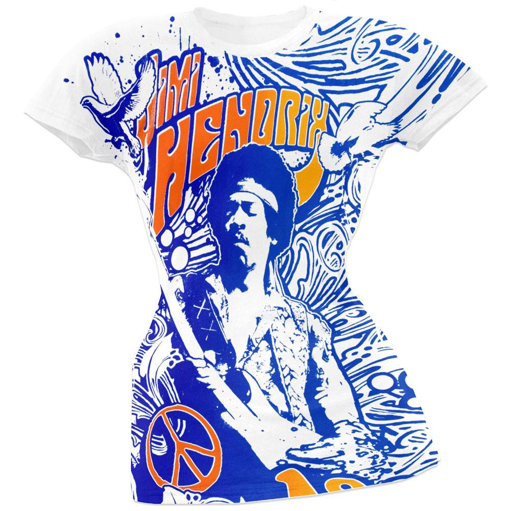 Jimi Hendrix - Soul Angel All-Over Juniors T-Shirt Juniors T-Shirts Jimi Hendrix MD White 