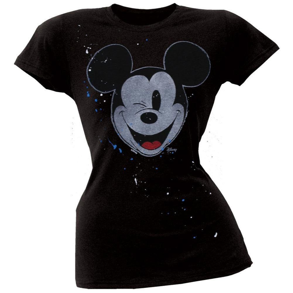 Mickey Mouse - Wink Splatter Juniors T-Shirt Juniors T-Shirts Mickey Mouse LG Black