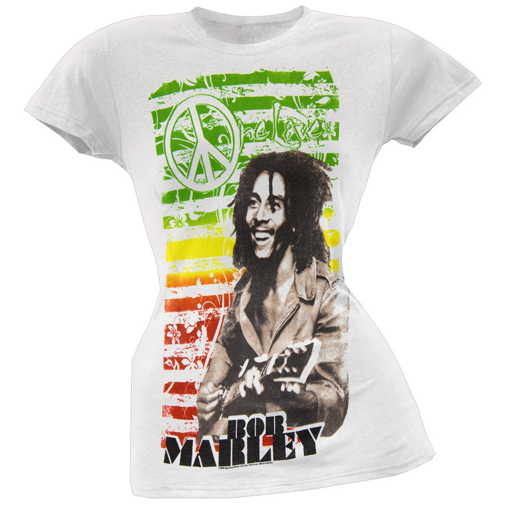 Bob Marley - One Love Flower Juniors T-Shirt Juniors T-Shirts Bob Marley SM White