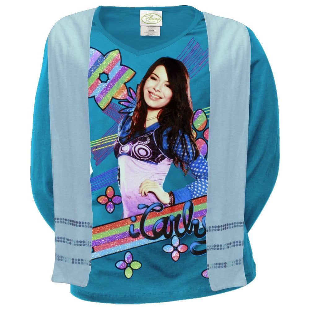 iCarly - Rainbow Stripe Girls Youth Long Sleeve T-Shirt w/ Scarf Youth Long Sleeves iCarly SM Light Blue