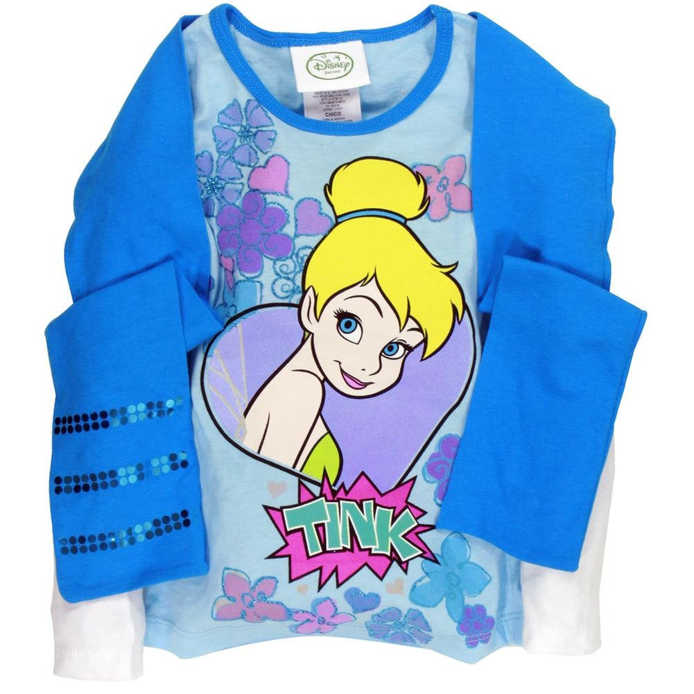 Tinkerbell - Flying Party Girls Juvy 2Fer Long Sleeve T-Shirt with Scarf Juvenile Long Sleeves Tinkerbell LG Light Blue