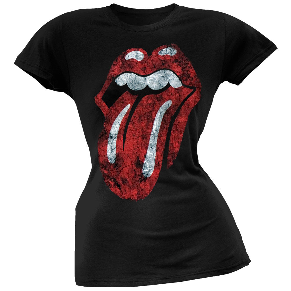 Rolling Stones - Distressed Tongue Black Juniors T-Shirt Juniors T-Shirts Rolling Stones MD Black 