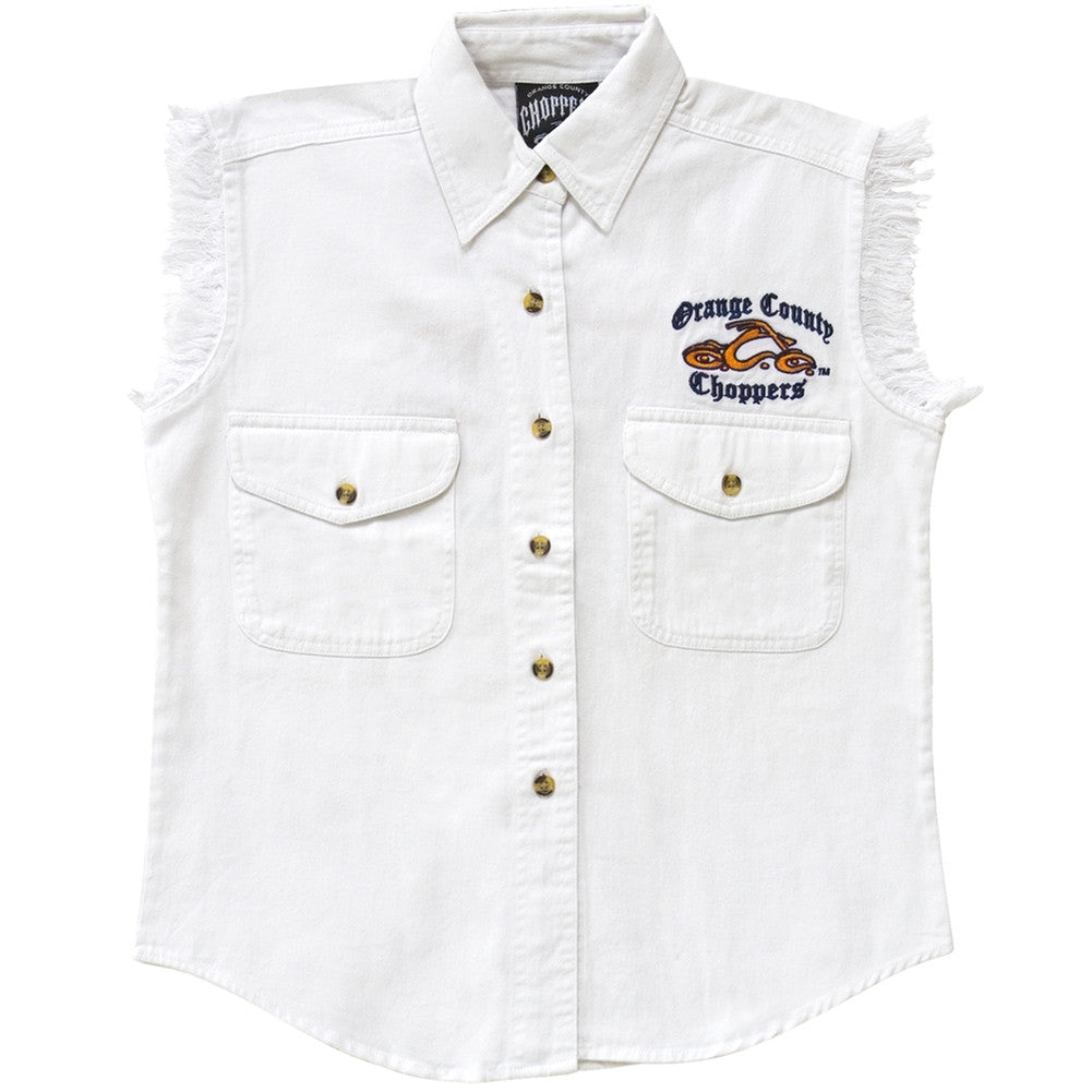 Orange County Choppers - Logo White Denim Juniors Shirt Juniors Button-Ups Orange County Choppers   