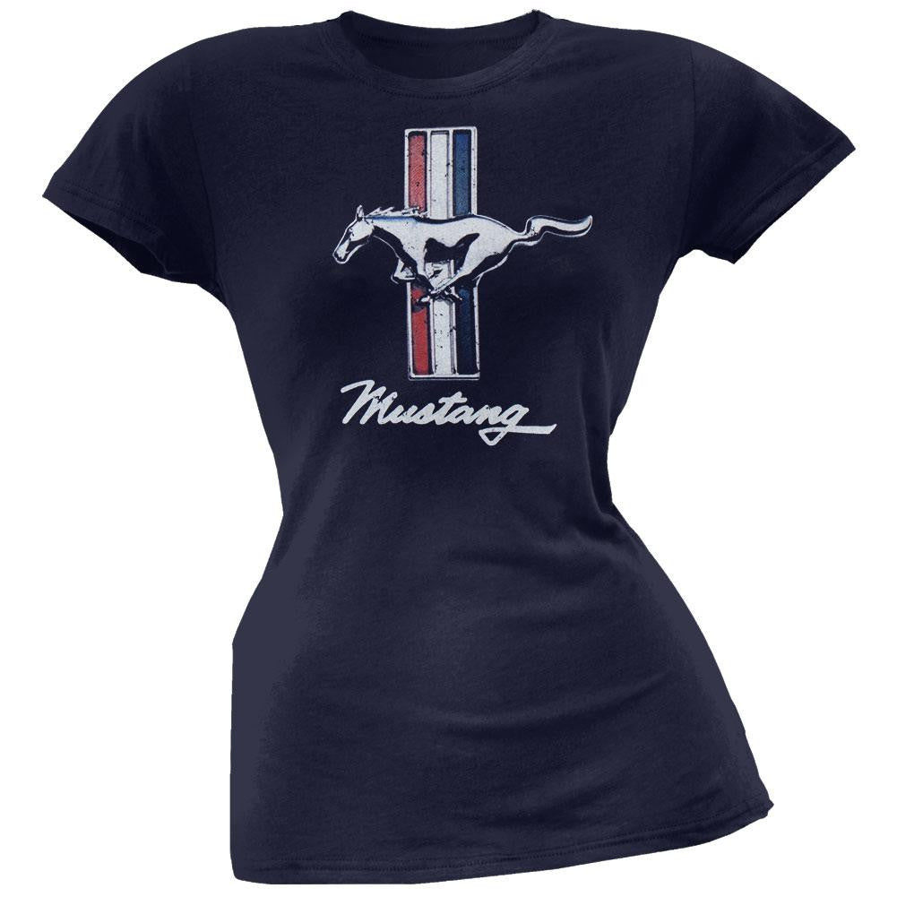 Ford - Vintage Mustang Logo Navy Juniors T-Shirt Juniors T-Shirts Ford LG Blue 