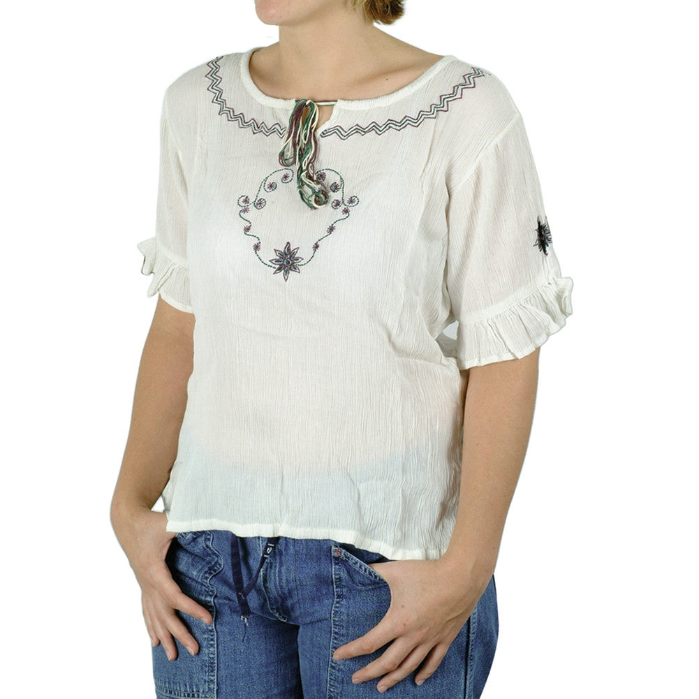 Embroidered Gauze Blouse - Short Sleeve Women's Blouses Old Glory   