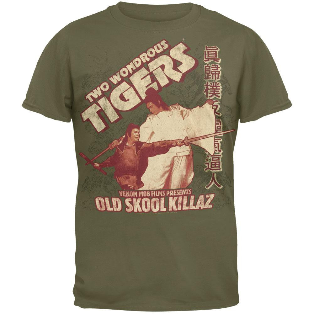 Two Wondrous Tigers - Old Skool Killaz Soft T-Shirt Men's T-Shirts Classic Martial Arts LG Green 