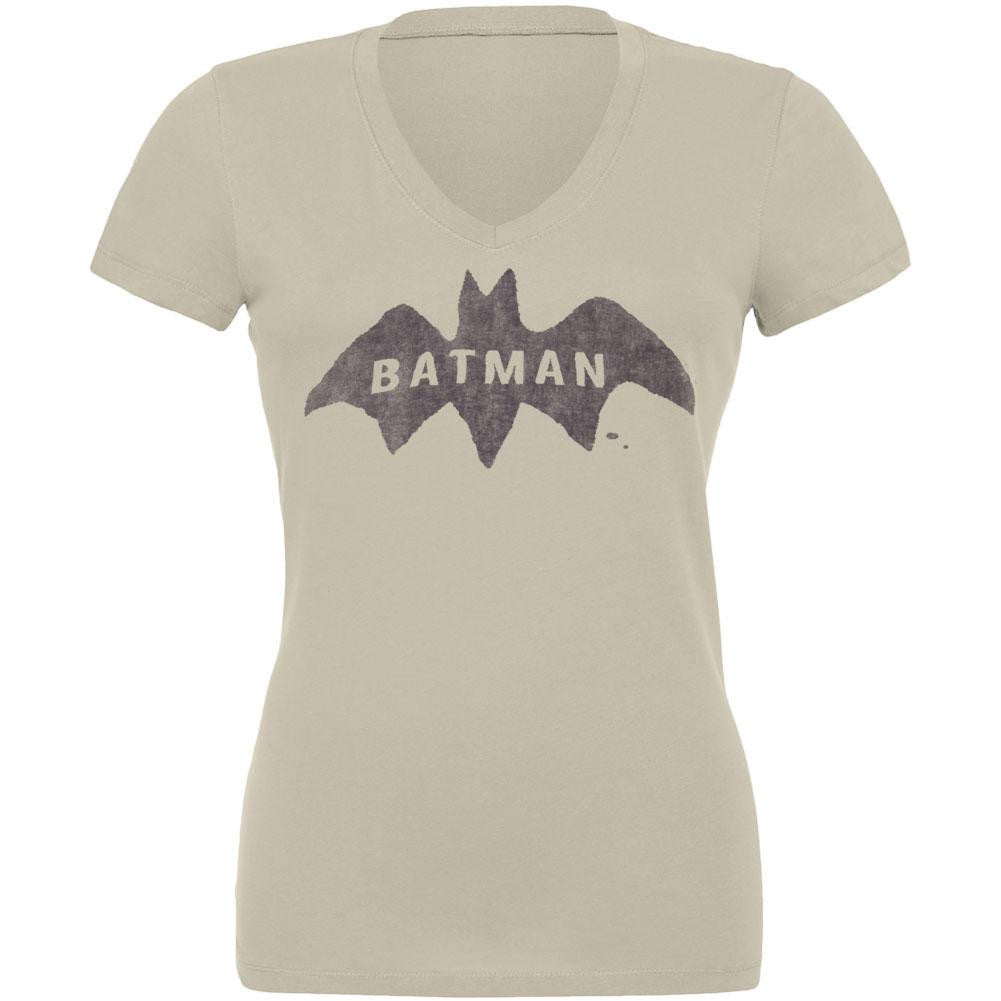 Batman - Distressed Logo Juniors V-Neck T-Shirt Juniors T-Shirts Batman SM Off-White 