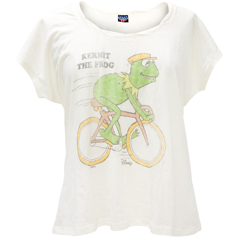 Muppets - Biking Kermit Juniors Plus Size Jetsetter T-Shirt Juniors T-Shirts The Muppets LG Off-White 