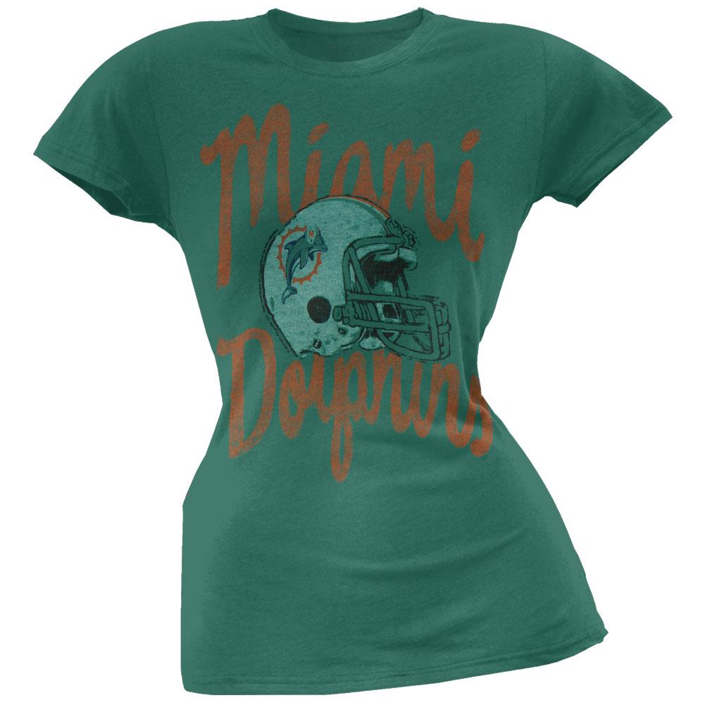 Miami Dolphins - Distressed Helmet Kick Off Juniors T-Shirt Juniors T-Shirts Miami Dolphins LG Green 