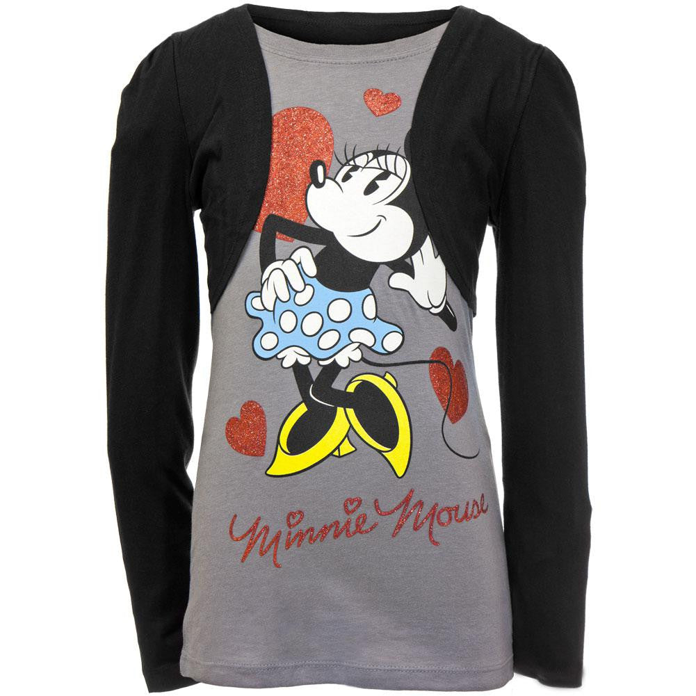 Minnie Mouse - Hearts Look Girls Youth 2fer Long Sleeve T-Shirt Youth Long Sleeves Minnie Mouse LG Grey 
