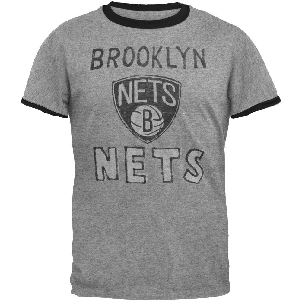 Brooklyn Nets - Distressed Shield Logo Tri-Blend Ringer T-Shirt Men's T-Shirts Brooklyn Nets SM Grey 