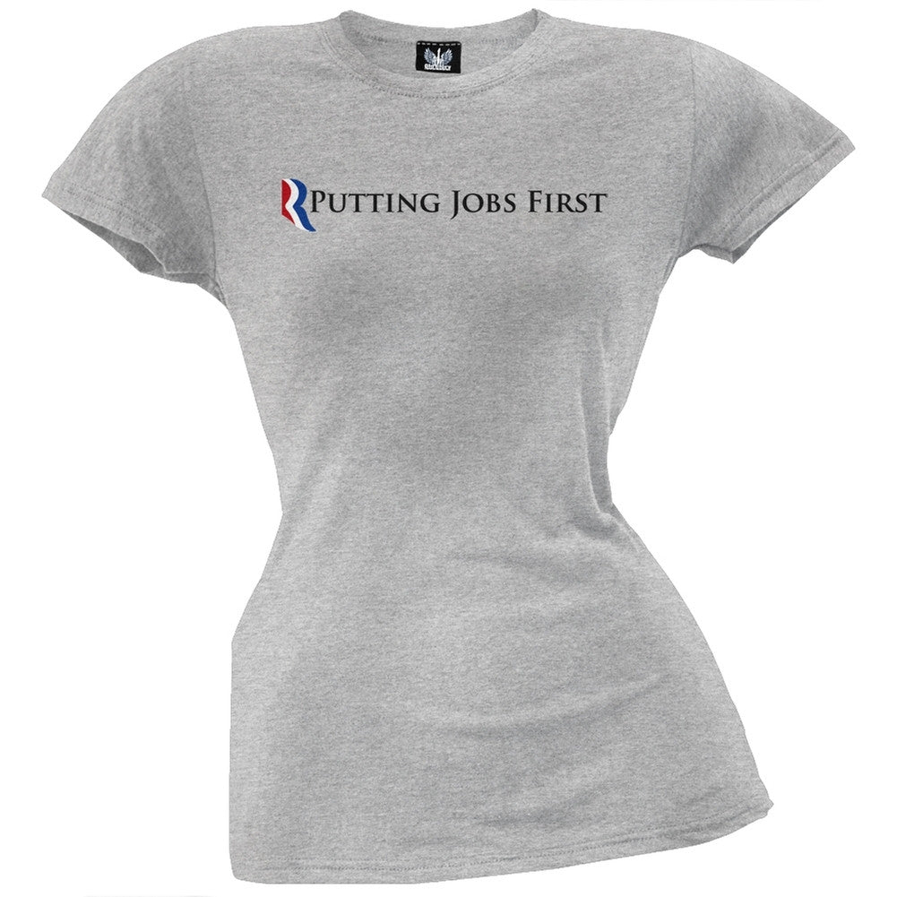 Mitt Romney - Putting Jobs First Grey Juniors T-Shirt Juniors T-Shirts Old Glory   